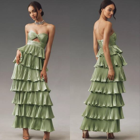 Mac Duggal | Dresses | Mac Duggal Pleated Charmeuse Strapless Tiered Maxi  Dress | Poshmark